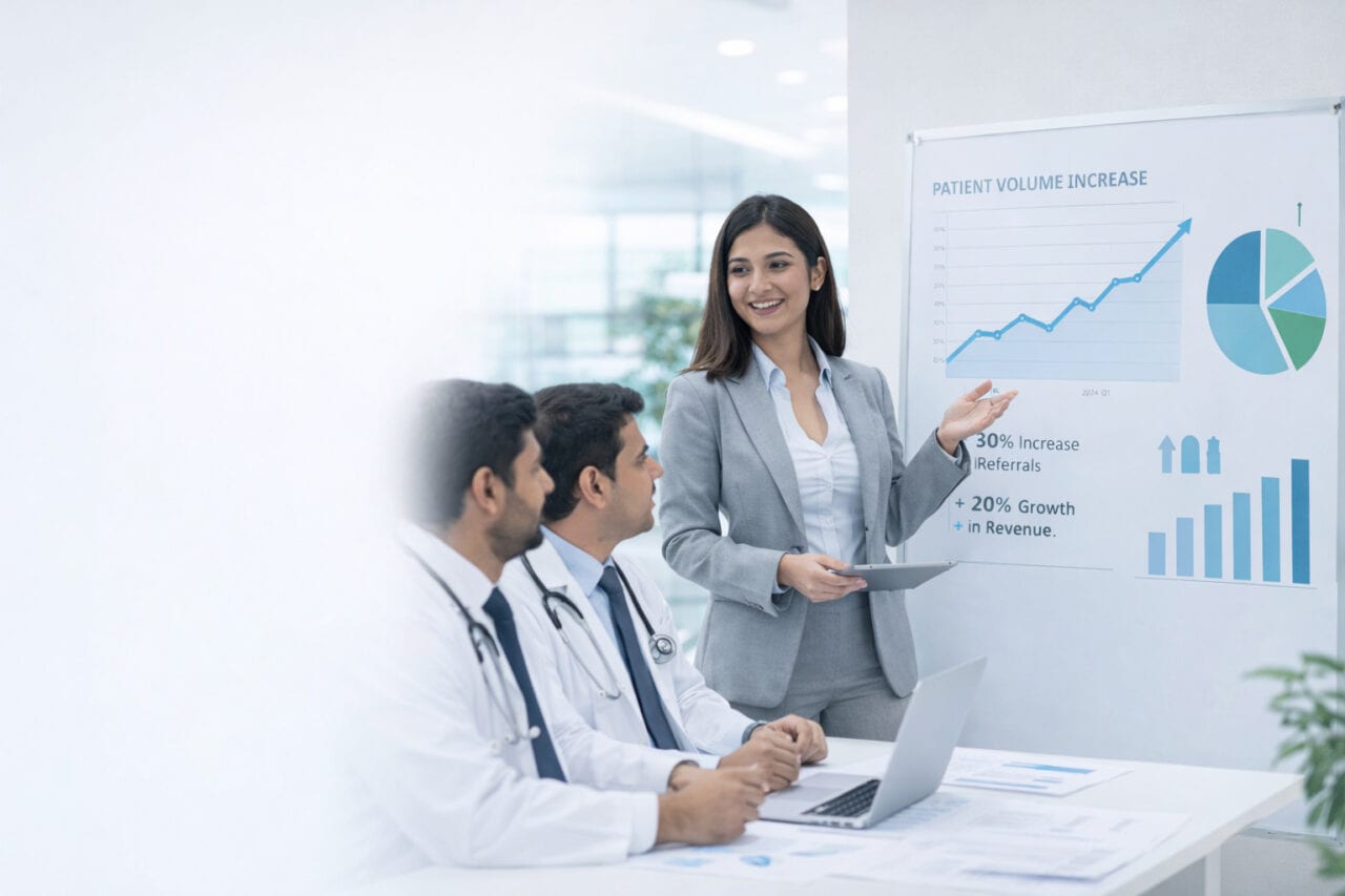 Hospital management consultants presenting performance and growth strategy to healthcare team