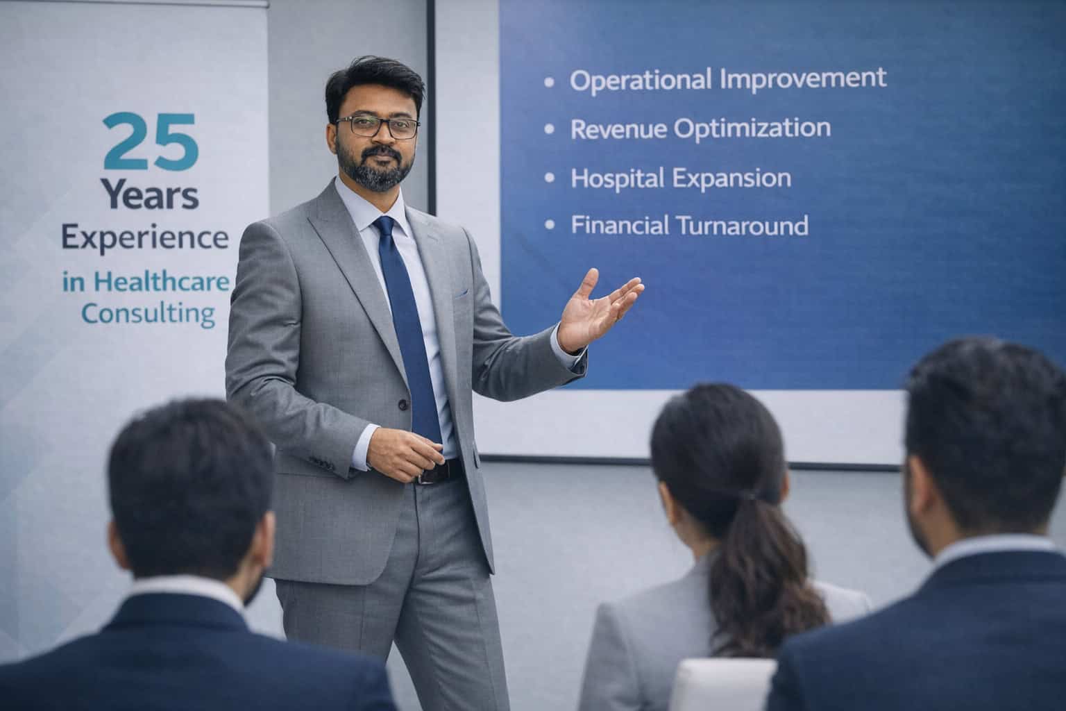 Hospital consulting director presenting hospital strategy and operational improvement plan to healthcare team