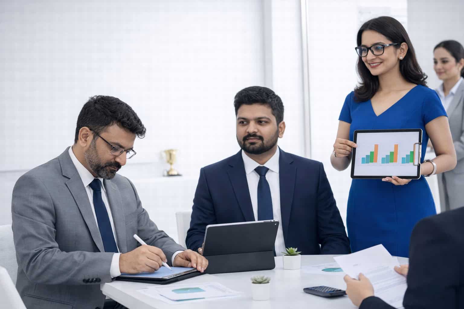 Hospital consultants reviewing hospital performance reports and operational planning strategy