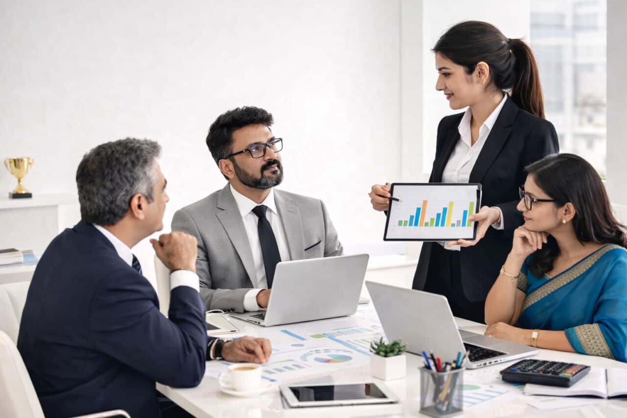 Hospital consulting team presenting hospital performance and project planning strategy to clients