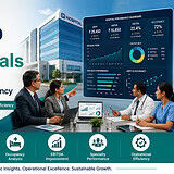 Team of professionals around a conference table reviewing hospital analytics beside a large digital dashboard with charts and metrics.
