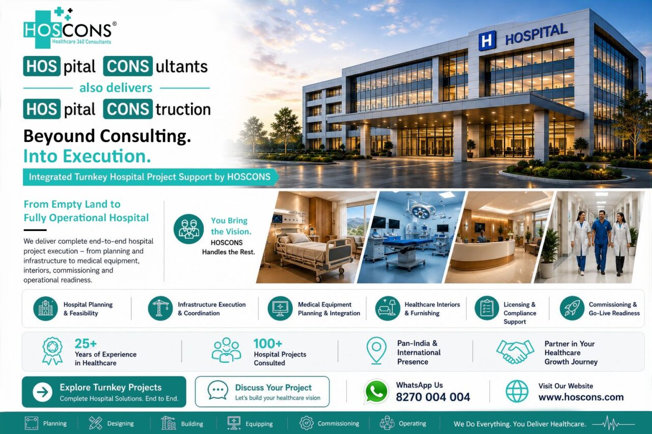 Advertising banner for HosCONS: a modern hospital exterior on the right and the slogan 'Beyond Consulting, Into Execution' on the left.