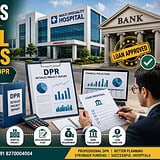 Hospital DPR for bank loans showing hospital building, bank, financial projections, feasibility study, working capital planning, and loan approval process for new hospital projects.