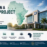 Hospital project in Africa banner showing Africa map, modern hospital building, feasibility study, DPR, project cost estimation and hospital planning support