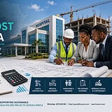 Group of professionals in business attire and a construction worker review hospital blueprints on site, with a budget document and calculator nearby.