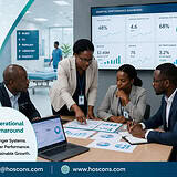 Banner stating 'Hospital Performance Improvement in Africa' with a map of Africa and a healthcare team reviewing charts in a hospital setting.