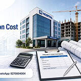 Hospital construction cost per sq ft in India banner showing hospital building, construction site, blueprint, calculator and project cost estimate