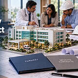Banner with a hospital model on a planning table as three professionals discuss plans and contracts.