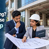 Hospital promoter and architect reviewing floor plans before leasing a building for hospital setup.
