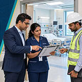 Hospital promoter, nurse and engineer reviewing a hospital commissioning checklist before opening.